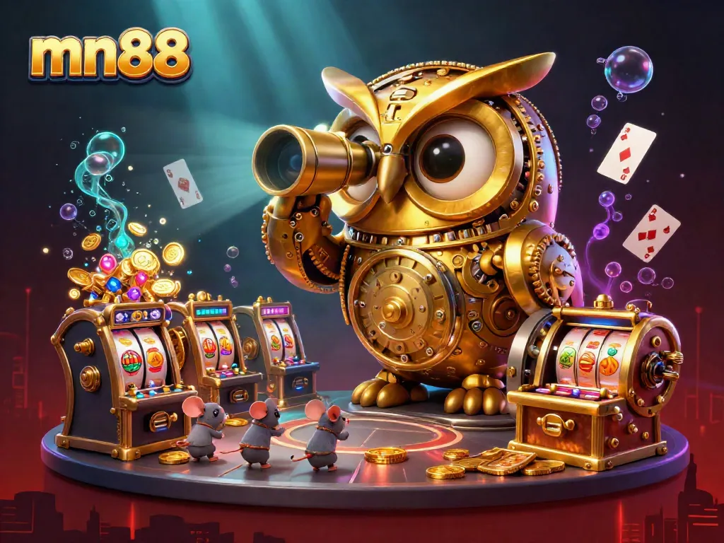 Experience excitement at mn88 with a vibrant casino scene featuring a golden owl, gold coins, and animated slots.