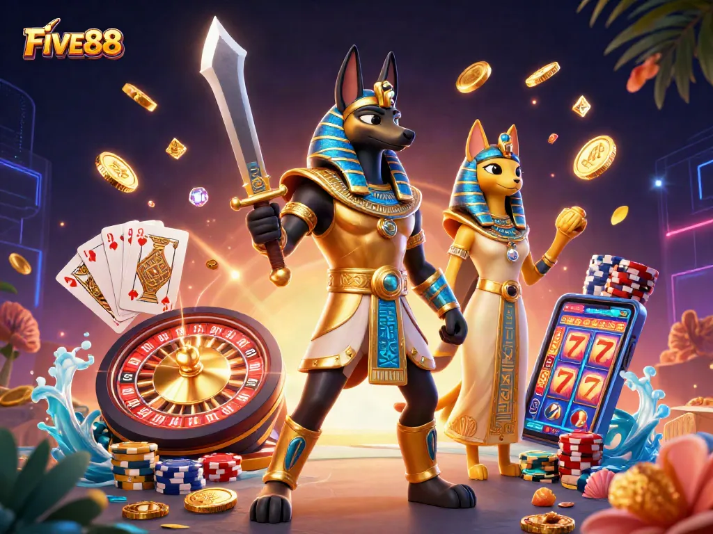 Engage in thrilling gameplay at FIVE88 with Anubis and Bastet amidst dazzling casino elements.