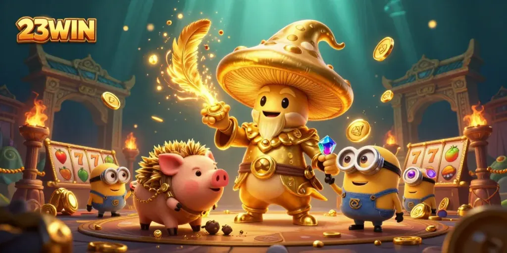 Experience the magic of 23WIN's thrilling gaming world, featuring vibrant characters and dynamic slot elements.