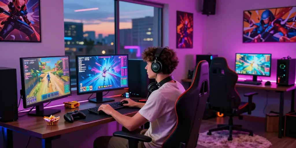 Experience the excitement of garuda404 in a vibrant gaming setup with colorful screens and LED lighting.