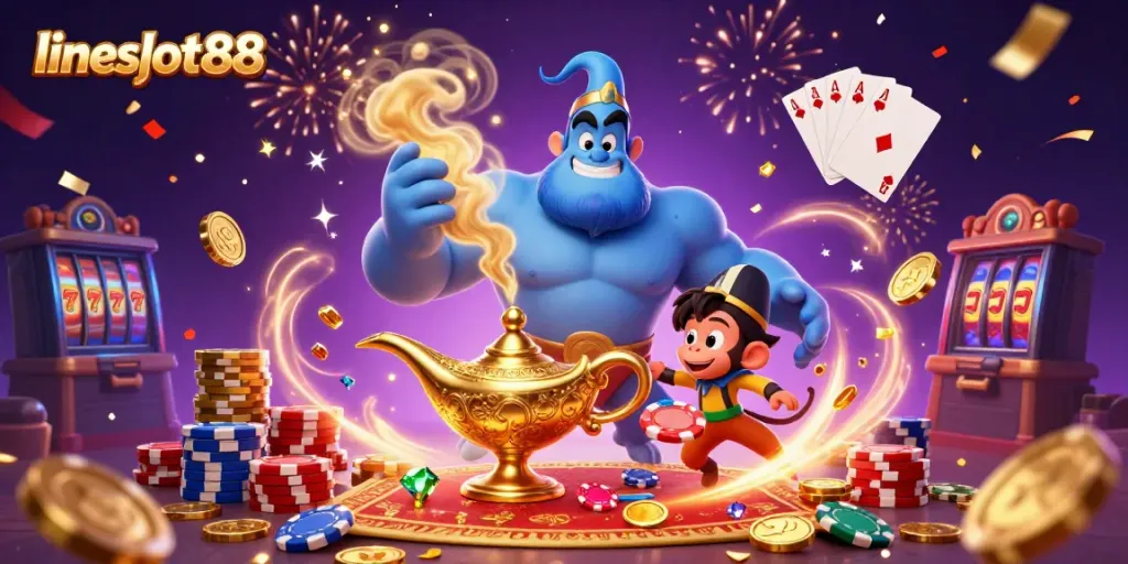 Experience the thrill of lineslot88 with a vibrant casino illustration featuring a genie and magical elements.