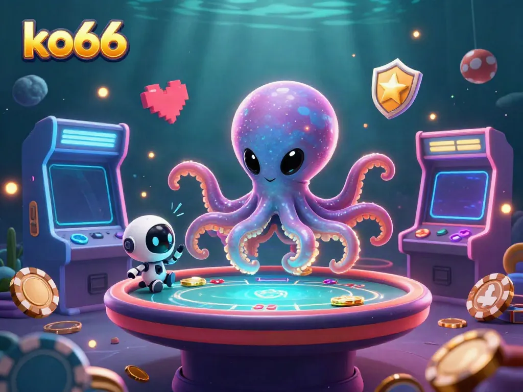 Experience thrilling gaming with ko66 as a vibrant 3D alien octopus and robot companion engage at a holographic poker table.
