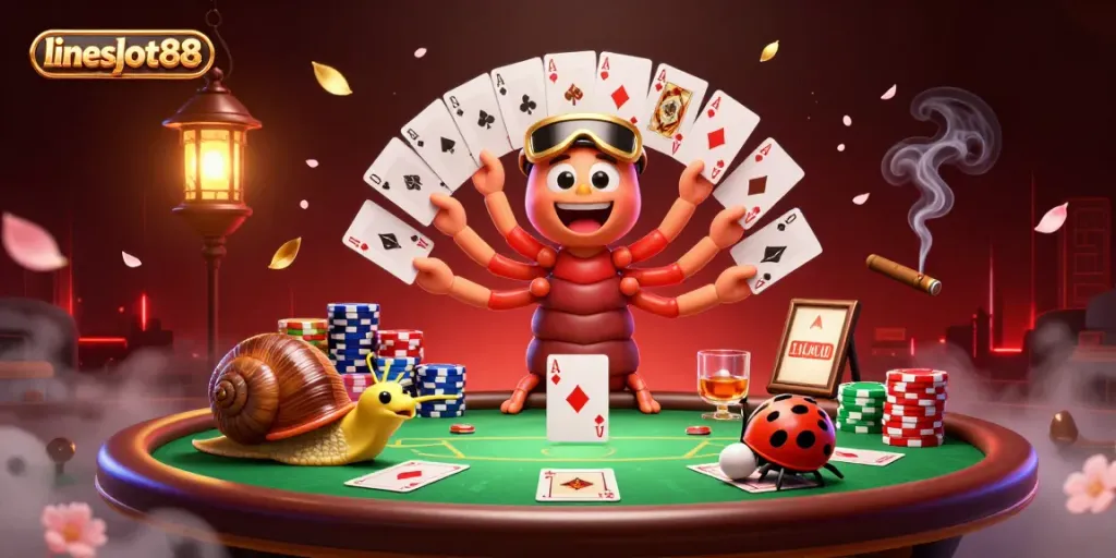 Engage with lineslot88's exhilarating gaming scene featuring a 3D cartoon dealer and vibrant casino elements.