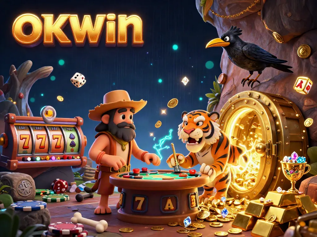 Experience OKWIN's prehistoric casino adventure with dynamic gambling elements, vibrant characters, and rich visuals.