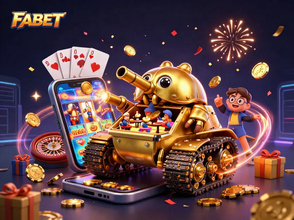 Experience FABET's thrilling casino excitement with dynamic 3D illustration featuring games and energy.