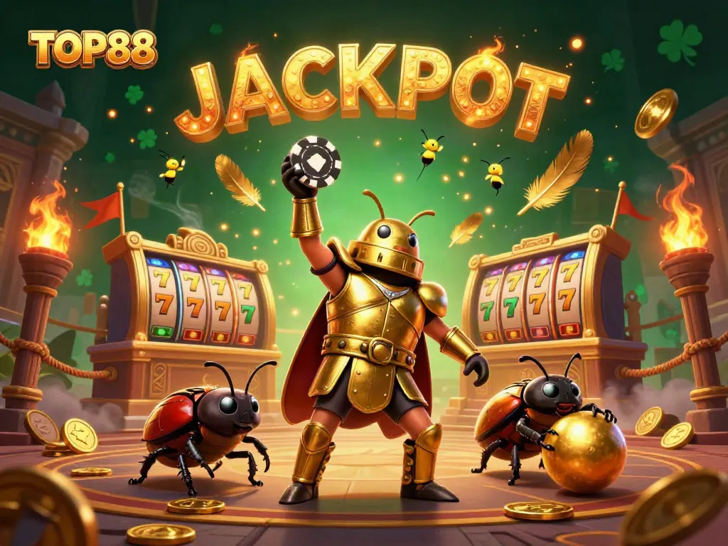 Engaging scene illustrating a triumphant beetle with a poker chip at TOP88 casino.