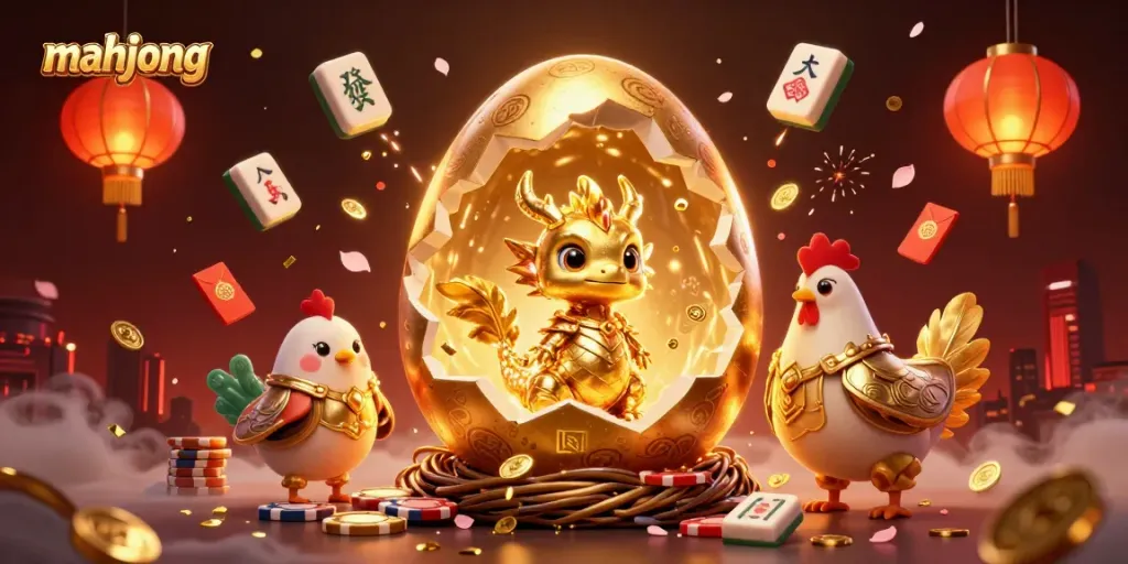 Permainan mahjong yang menampilkan naga emas kecil berbagi pesona dalam ilustrasi slot berwarna-warni.