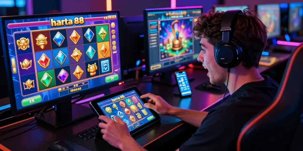 Exciting harta 88 slot game action, player immersed in vibrant gaming setup with colorful graphics and neon atmosphere.