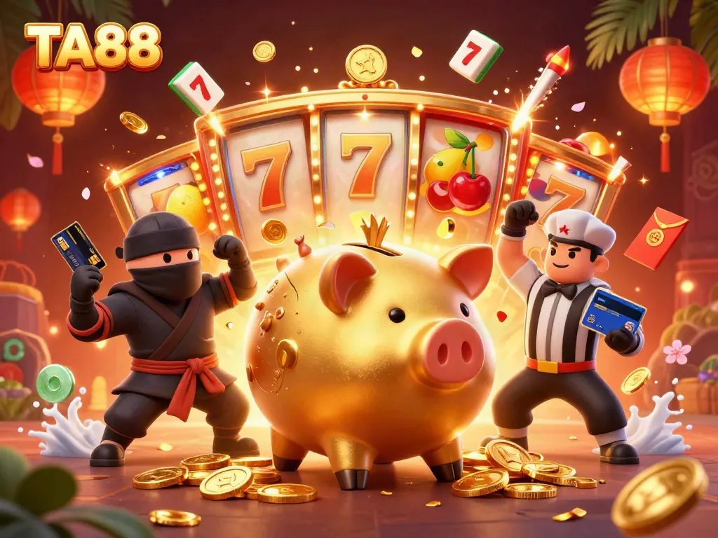 Exciting casino scene with TA88 characters featuring a golden piggy bank sumo wrestler amidst spinning slot reels and lucky 7s