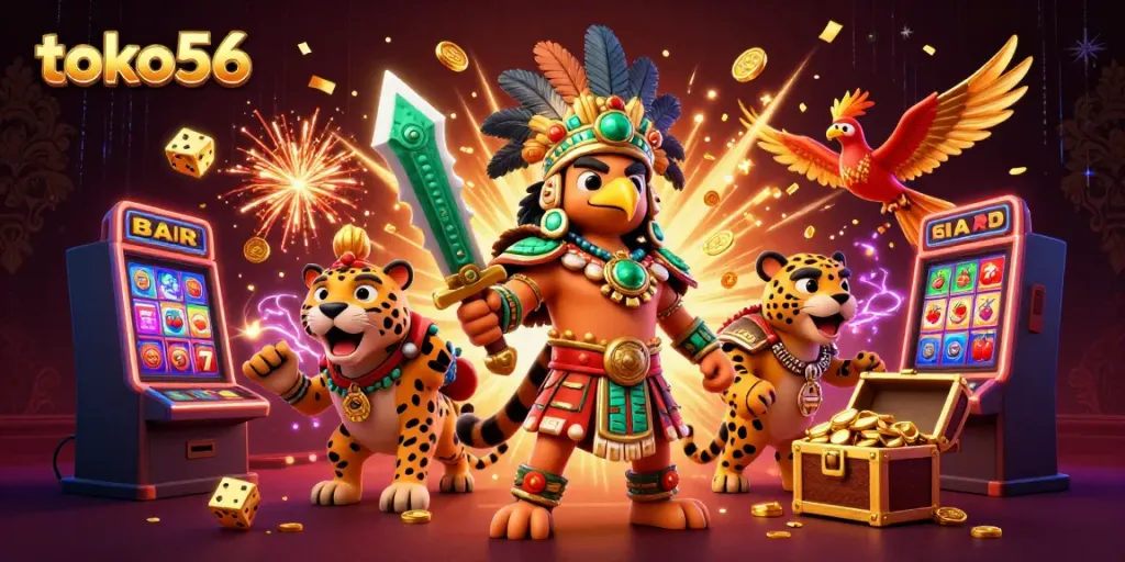 Experience thrilling gameplay with toko56's vibrant slot machine explosion and aztec-themed warriors.