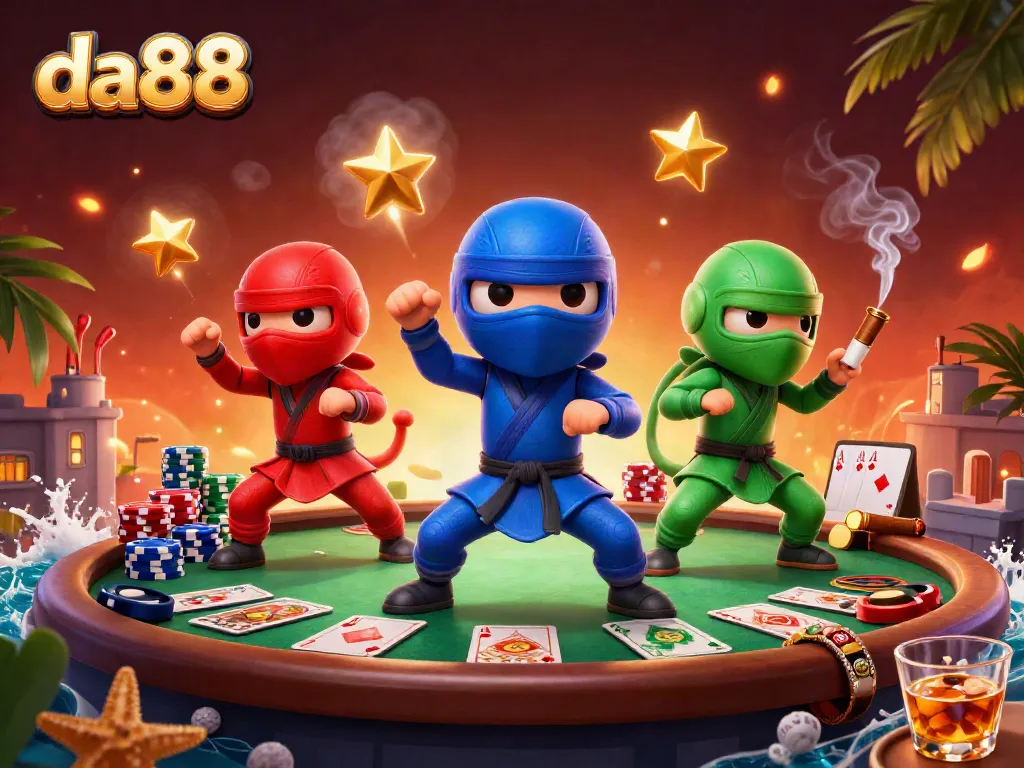 Engage with da88's vibrant casino atmosphere through cartoon chameleon ninjas performing martial arts near poker elements.