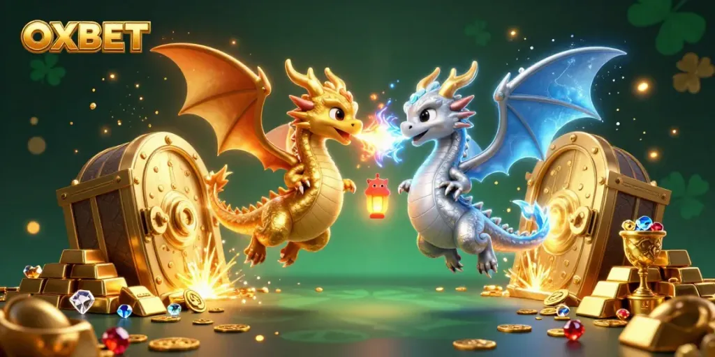 Experience the thrill of OXBET with golden dragons in a rich casino-themed illustration.