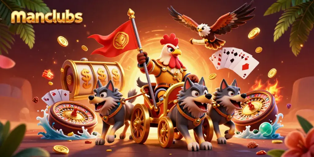 Engage with manclubs as the rooster warlord leads a vibrant casino battle on a golden chariot.