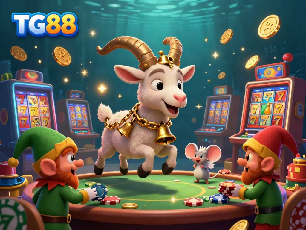 Enjoy sensational wins with TG88 in this dynamic casino scene featuring Krampus and angelic figures.