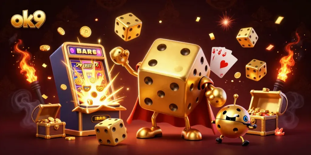 Win big with ok9 in this vibrant 3D casino scene featuring golden dice and slot machines.