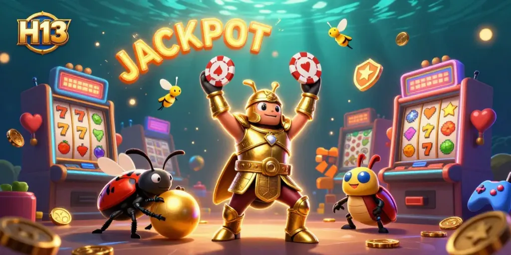 H13 casino-themed victory scene with beetles celebrating and rotating slot machines.