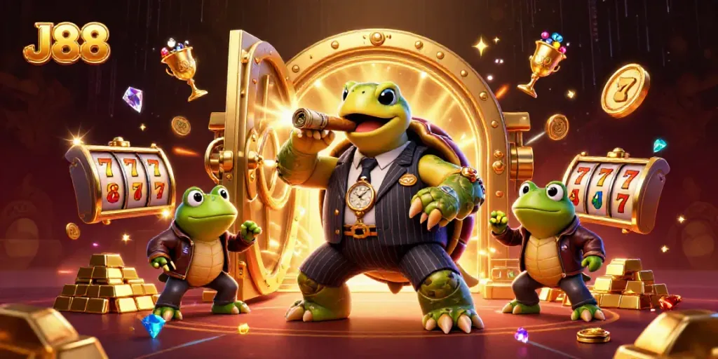 Engage in thrilling gameplay at the J88 casino with a vibrant, richly detailed cartoon scene.
