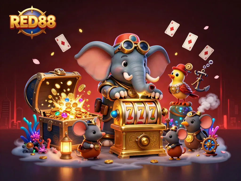 Join the excitement at RED88 with a steampunk elephant operating a golden slot machine amidst vibrant casino elements.