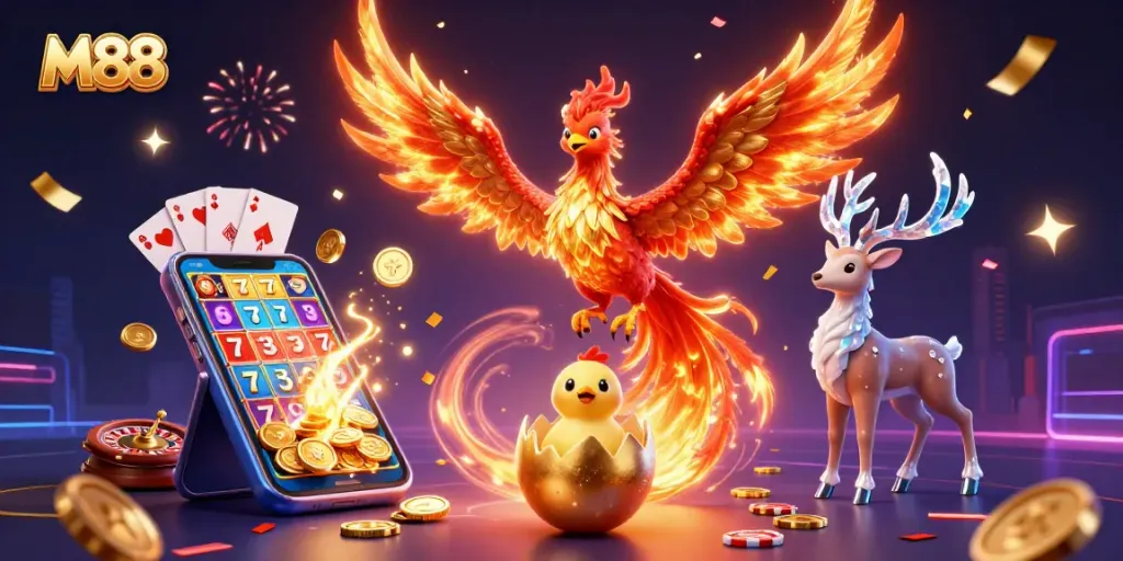 M88 immersive scene featuring a blazing fire phoenix, colorful slot games, and vibrant casino elements.