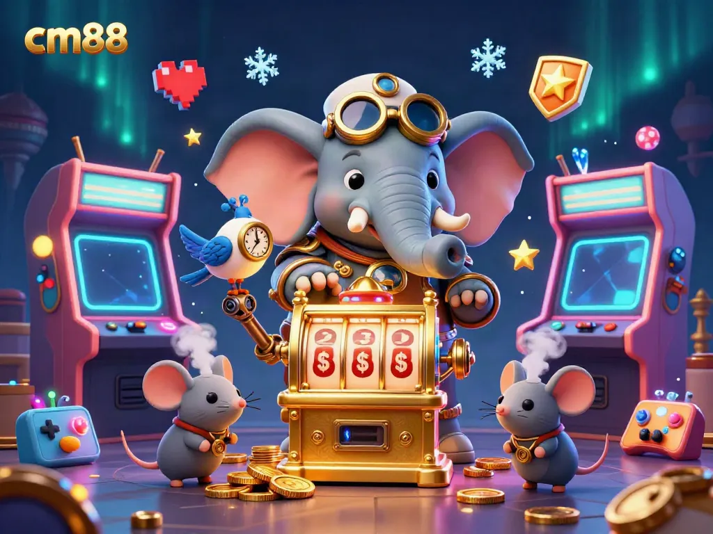 Experience exciting gameplay at cm88 with a steampunk elephant operating a golden slot machine amidst vibrant gaming elements.