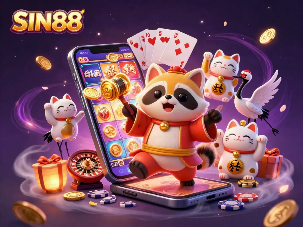 SIN88 features a festive tanuki and samurai crane amid a dynamic casino scene with colorful games and tokens.