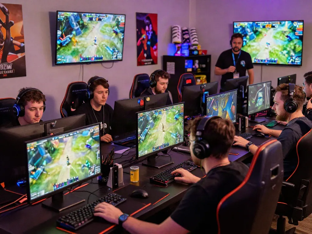 Gamers enjoying a lively gaming event with warung168 branding and exciting visuals.