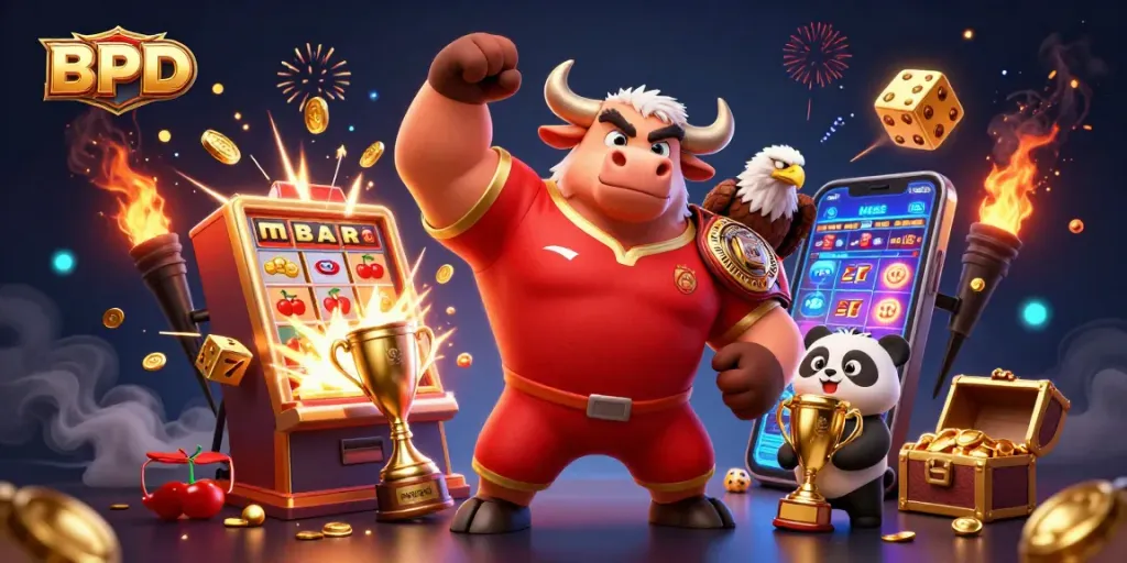 Engage with BPD's exciting casino scene featuring a bull mascot, eagle, and panda celebrating victory.