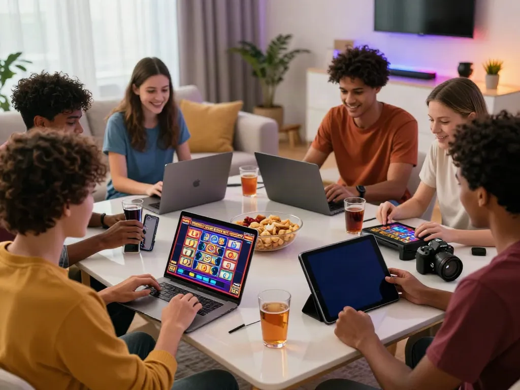 Diverse friends enjoying slot games on various devices in a vibrant living room, capturing the essence of tuan88 gaming experience.