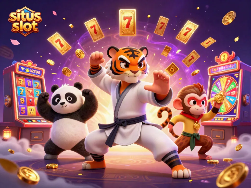 The fierce kung fu tiger showcases situs slot with jackpot reels while a panda practices behind and a monkey steals a medal.