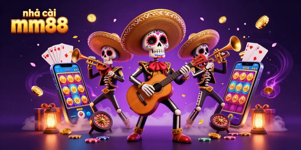 Engage with nhà cái mm88 through thrilling 3D cartoon casino illustration featuring vibrant mariachi band and interactive games.