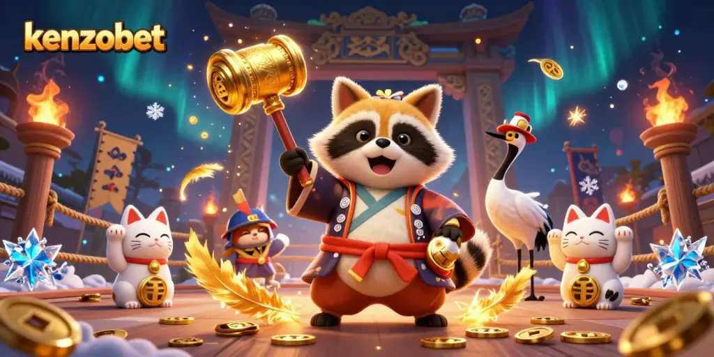 Kenzobet players experience thrilling wins with joyful tanuki and lucky maneki-neko at a vibrant casino arena