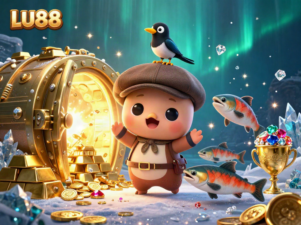 LU88 showcases playful casino fun with vibrant characters and gleaming treasure, perfect for gamers.