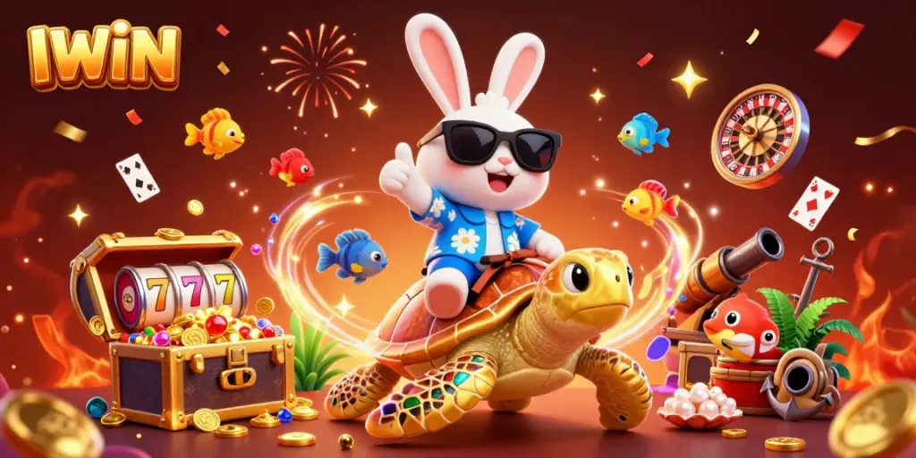 IWIN's captivating 3D scene featuring lucky rabbit and golden turtle amidst slot reels and casino elements.