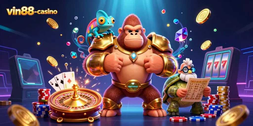 Win big at vin88-casino with an exciting 3D scene of a gorilla king in armor, casino elements, and vibrant colors.