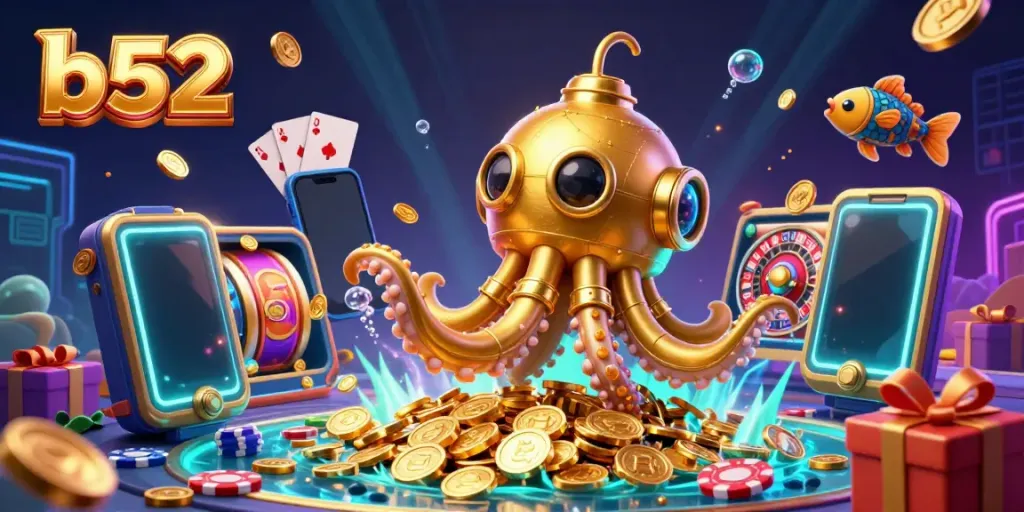 Engage with B52's thrilling casino experience featuring a kraken emerging from golden coins, slot game excitement.