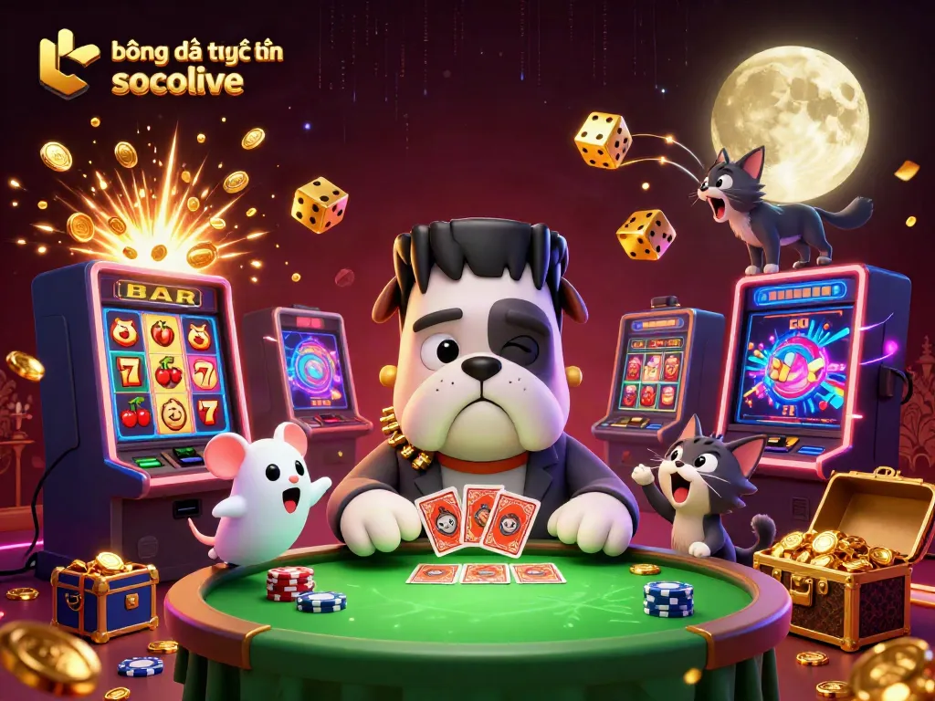 Engage with bóng đá trực tuyến socolive as a 3D cartoon Frankenstein bulldog deals cards amidst a dynamic slot machine scene.