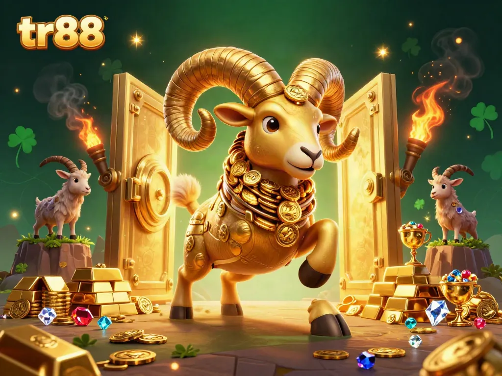 Witness the thrilling action at tr88, featuring a golden ram charging towards a treasure vault amidst a rich casino backdrop.