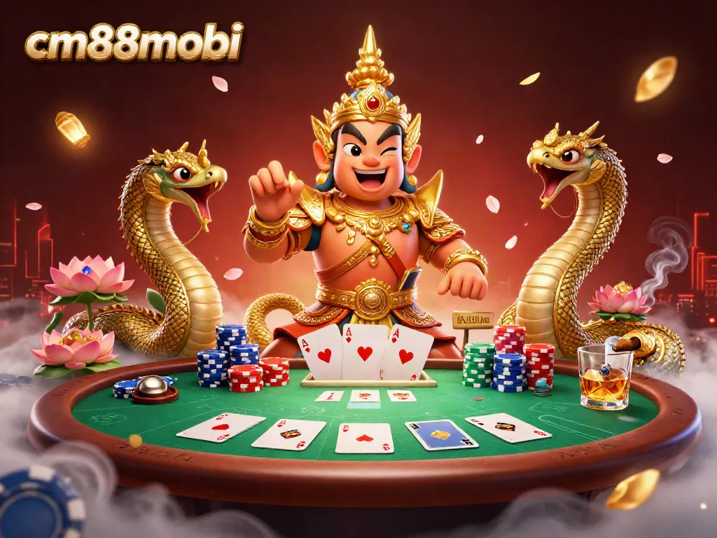 Engage in the action at cm88mobi with dynamic gambling visuals featuring a Thai guardian and poker elements.