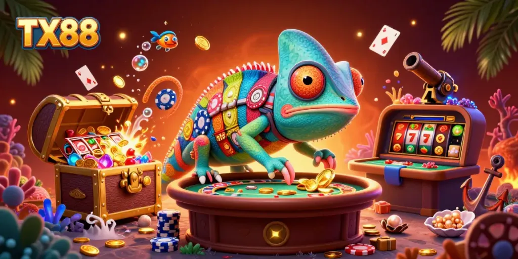 Experience the thrilling TX88 casino adventure with vibrant chameleon owner and flashy slot elements.