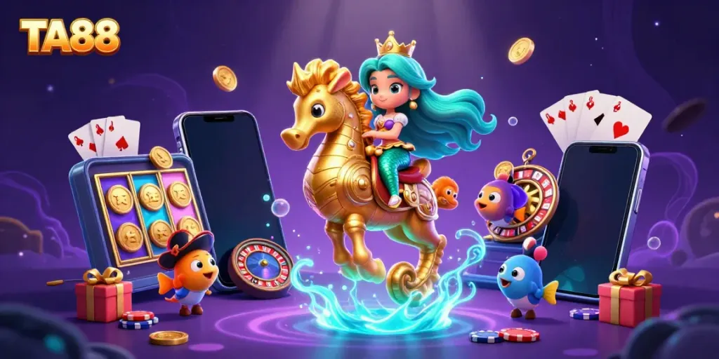 Win exciting jackpots with TA88's vibrant underwater casino adventure featuring colorful characters.