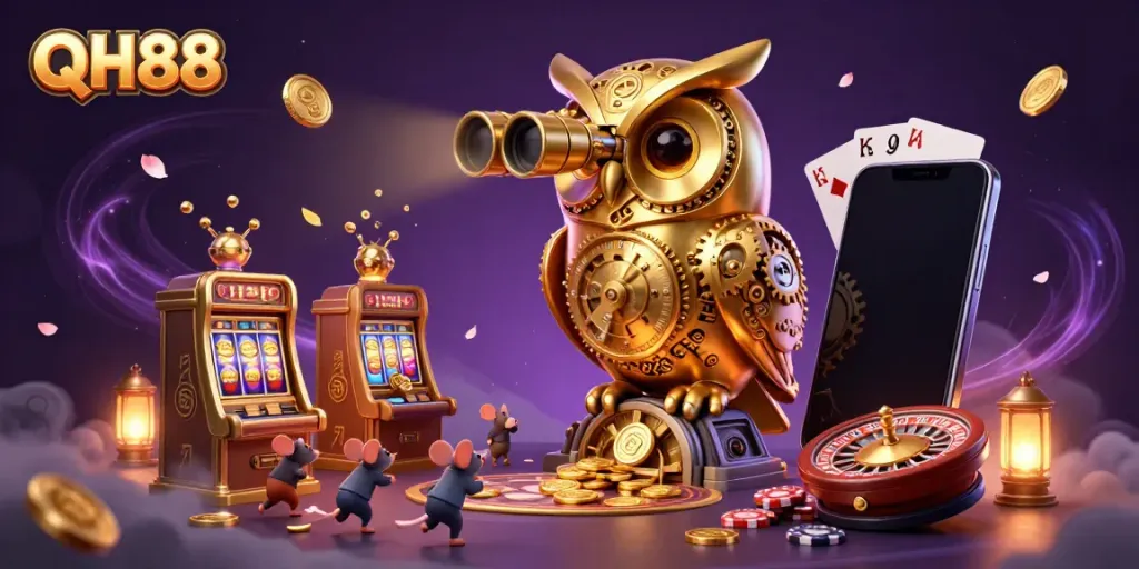 Engage in thrilling casino action at QH88 with a vibrant scene of golden owl, slot games, and coins.