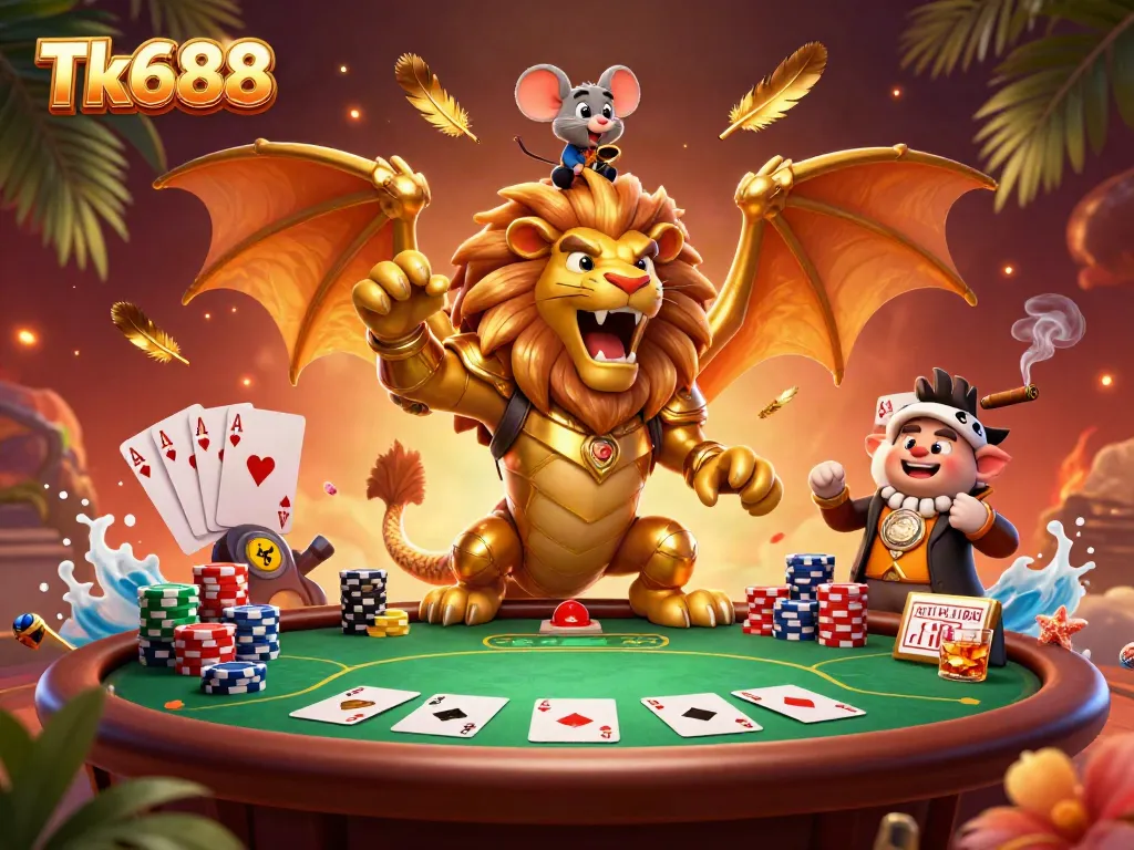 Experience the thrilling world of Tk688 with a majestic chimera creature and vibrant poker action.
