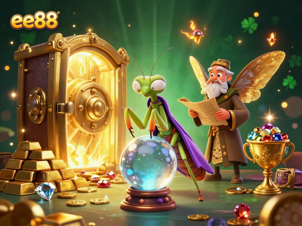 Engage with an enchanting scene featuring the mystical fortune teller and librarian amidst bright treasures, exuding the spirit of ee88 gaming.
