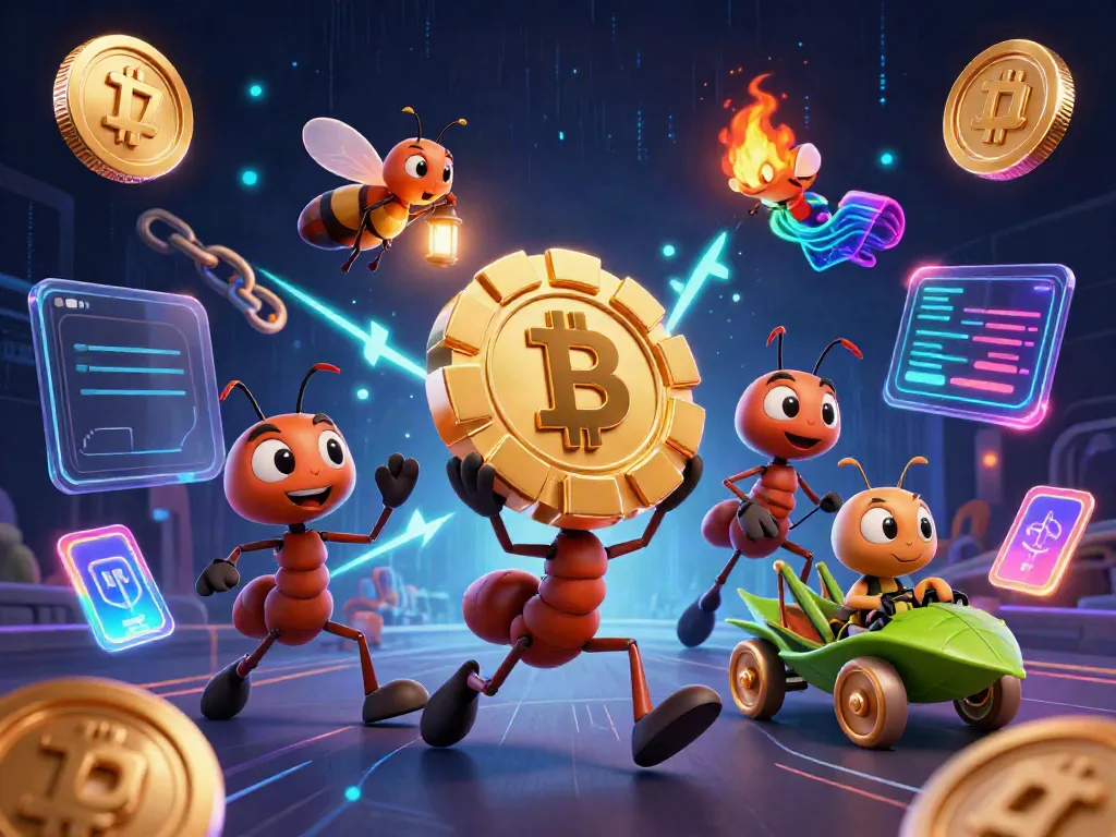 Experience J77 with an energetic scene of ants heisting a massive poker chip, surrounded by crypto coins.