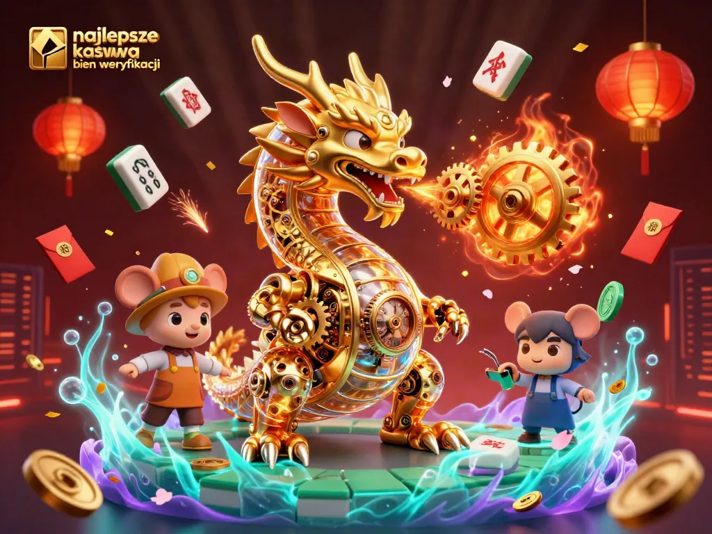 Experience the excitement of the najlepsze kasyna bez weryfikacji with a dragon breathing gears and cogs surrounded by colorful gaming elements.