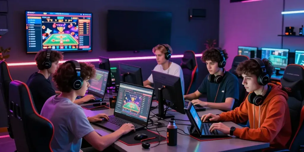 A lively group playing games at H19 in a colorful digital workspace with LED lights and modern accessories.