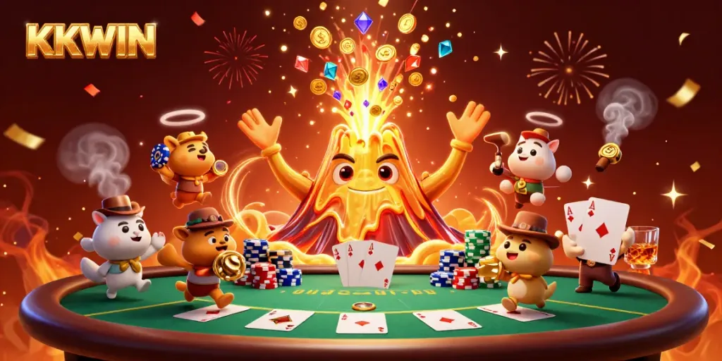 Witness KKWIN's thrilling golden volcano erupting treasures as tiny explorers scramble for riches in this vibrant casino scene.