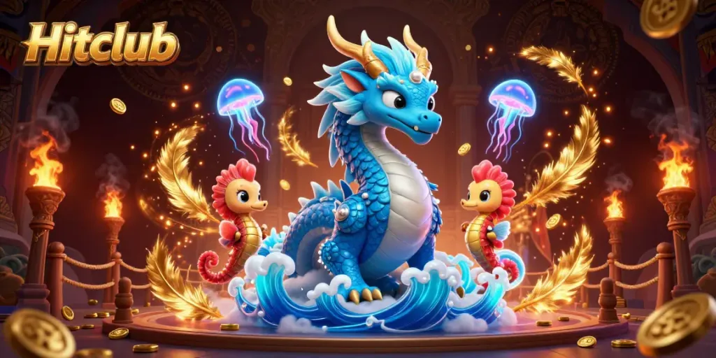 Experience thrilling gameplay at Hitclub with a vibrant 3D illustration featuring a majestic water dragon and seahorse knight.