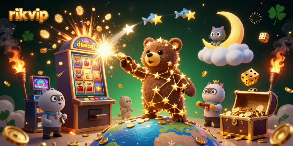Experience the excitement of rik vip with a vibrant 3D scene of gaming icons and dynamic characters.