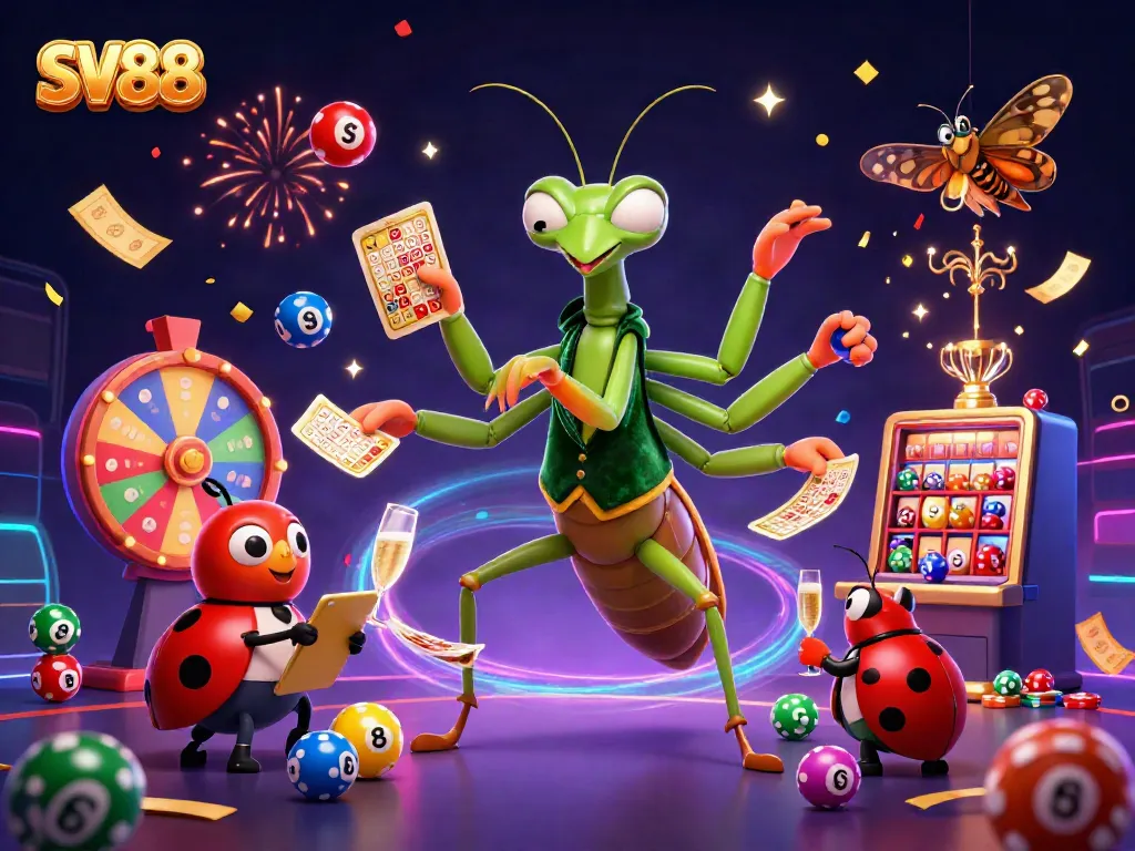 Unleash the winning spirit at SV88 with colorful casino elements, vibrant characters, and exciting atmosphere.